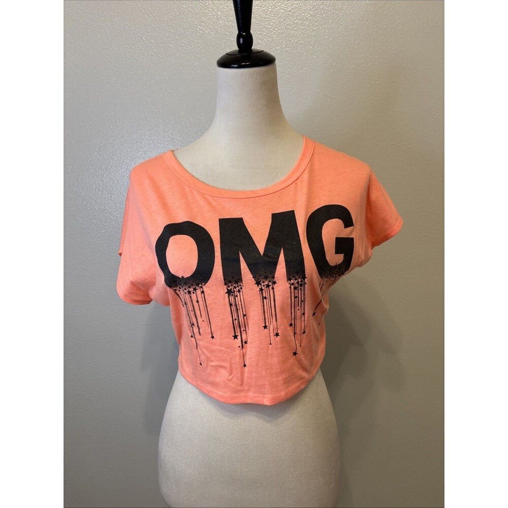 LA Teez Womens S Orange OMG Graphic Crop Top T Shirt Festival Boho Short Sleeve